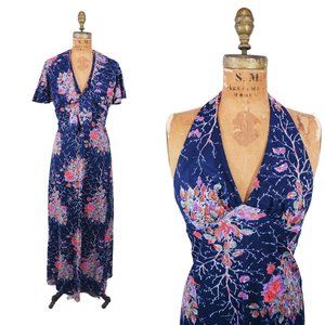 Vintage 1970s Halter Maxi Dress and Capelet Set Dark Floral Print | W 24"